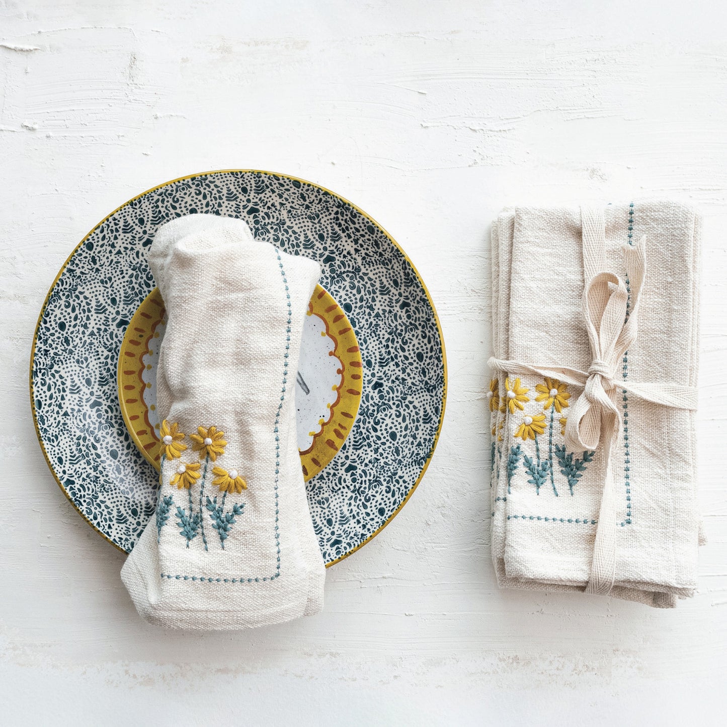 Cotton Napkins w/ Hand-Embroidered Flowers - Set of 4