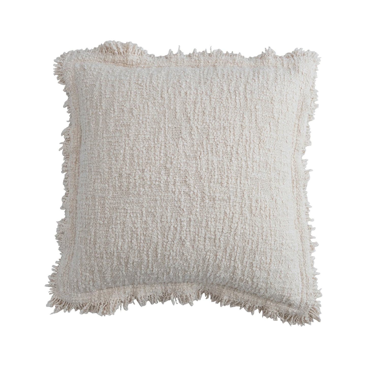 20" Square Woven Cotton Bouclé Pillow with Fringe & Flanged Edge