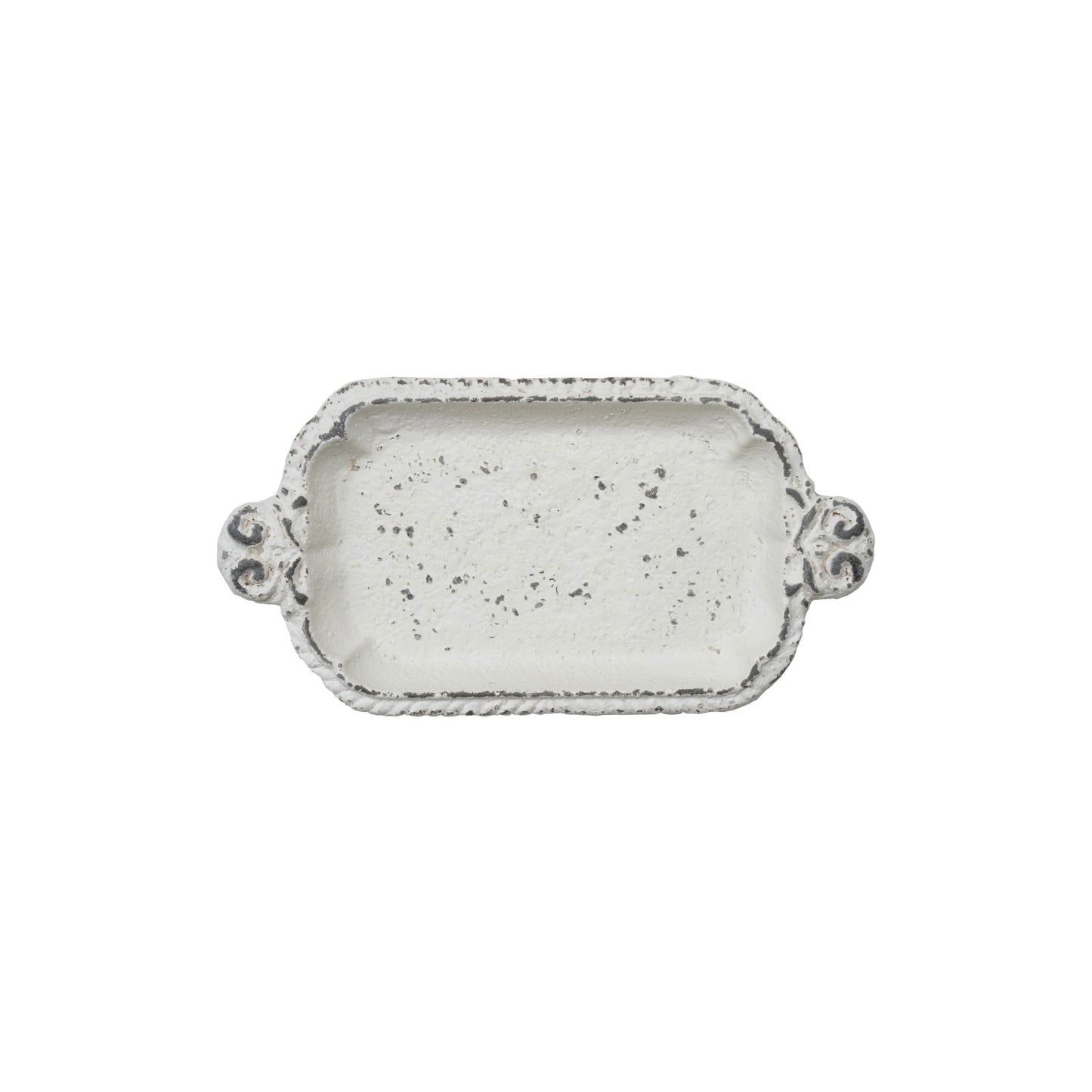 Decorative Painted Cast Iron Tray with Embossed Edge & Handles White