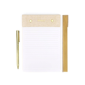 Notepad with beige cover and gold pen on a white background