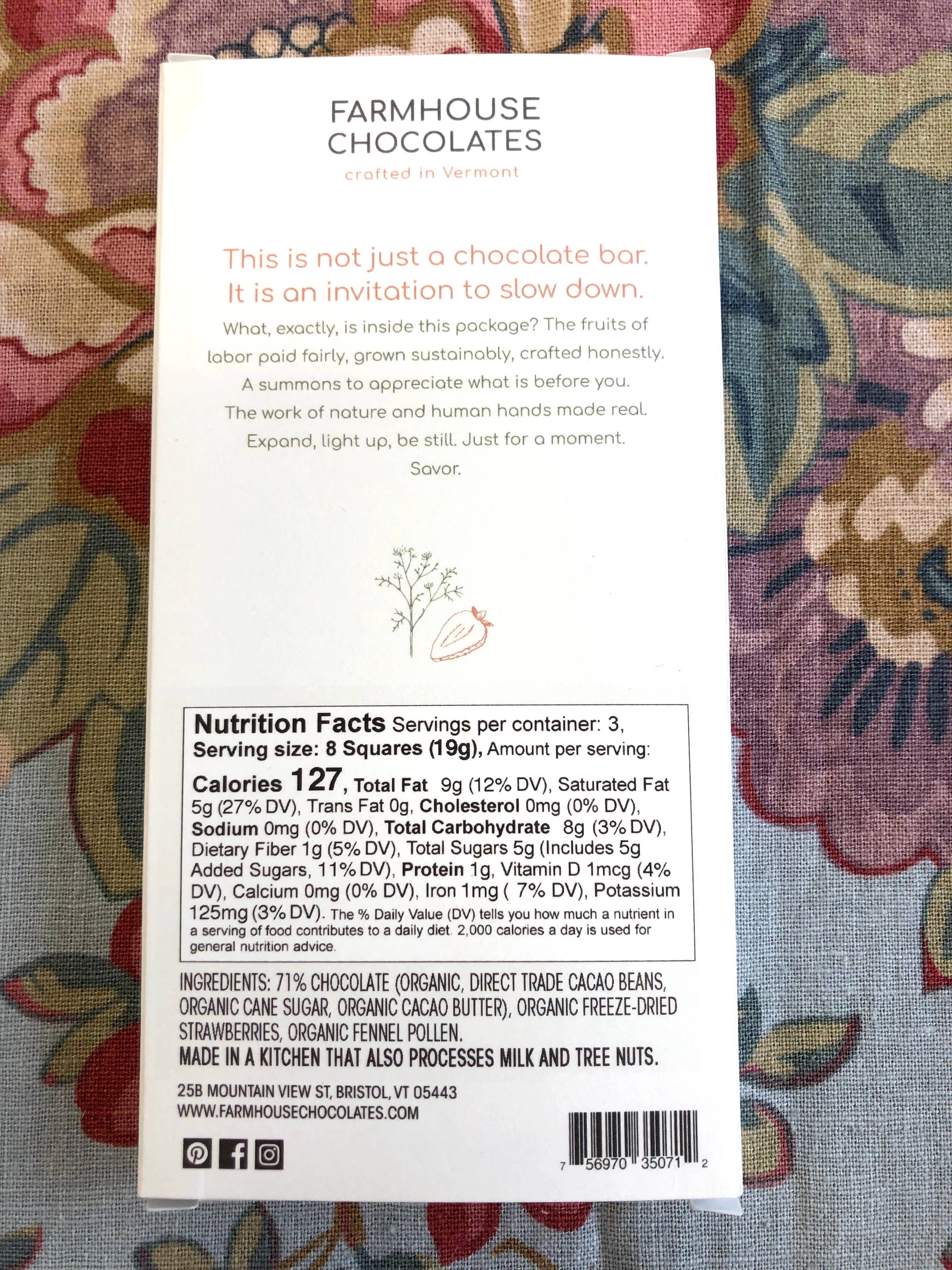 71% Organic Chocolate Bar w/ Fennel Pollen & Strawberries