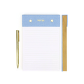 Notepad with blue top section labeled 'NOTES' and gold pen on a white background