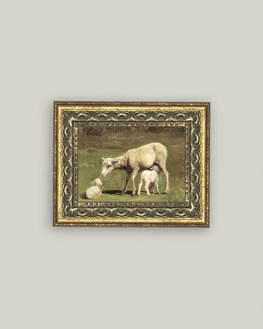 Ewe and Two Lambs Framed Antique Art