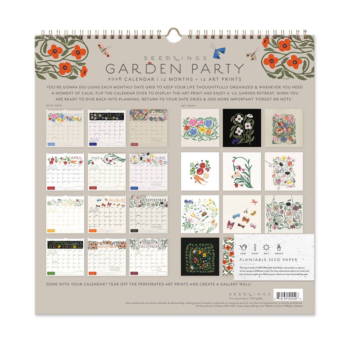 2026 Seedlings Garden Party 12 Month Classic Grid Calendar