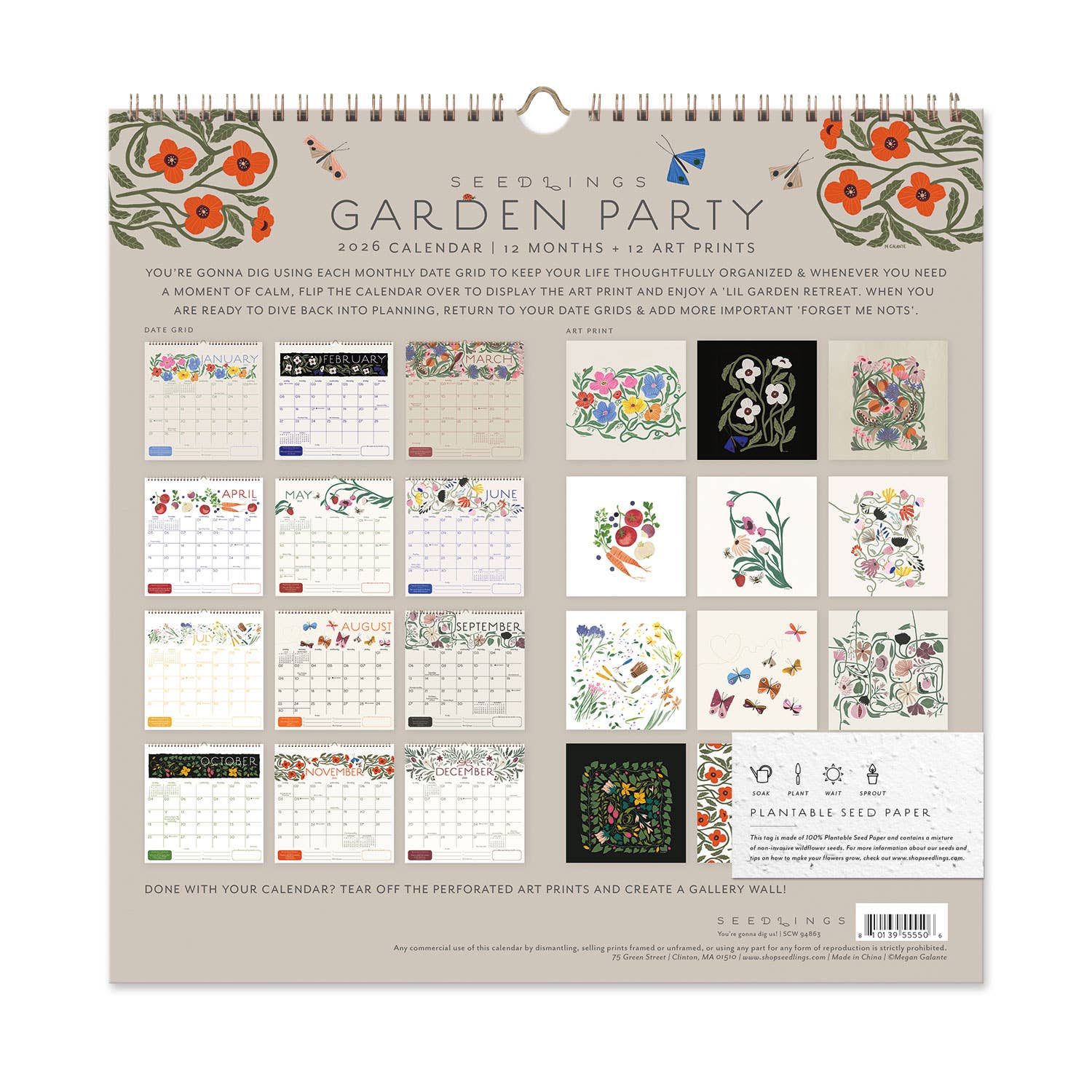 2026 Seedlings Garden Party 12 Month Classic Grid Calendar