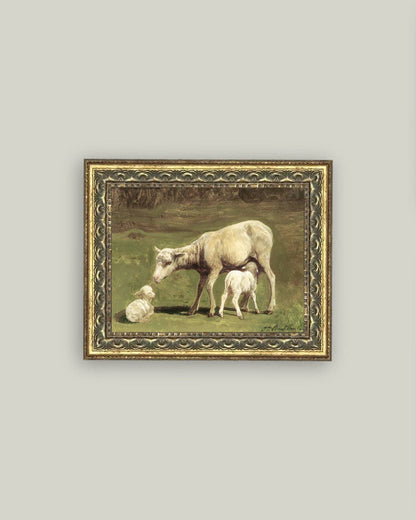 Ewe and Two Lambs Framed Antique Art