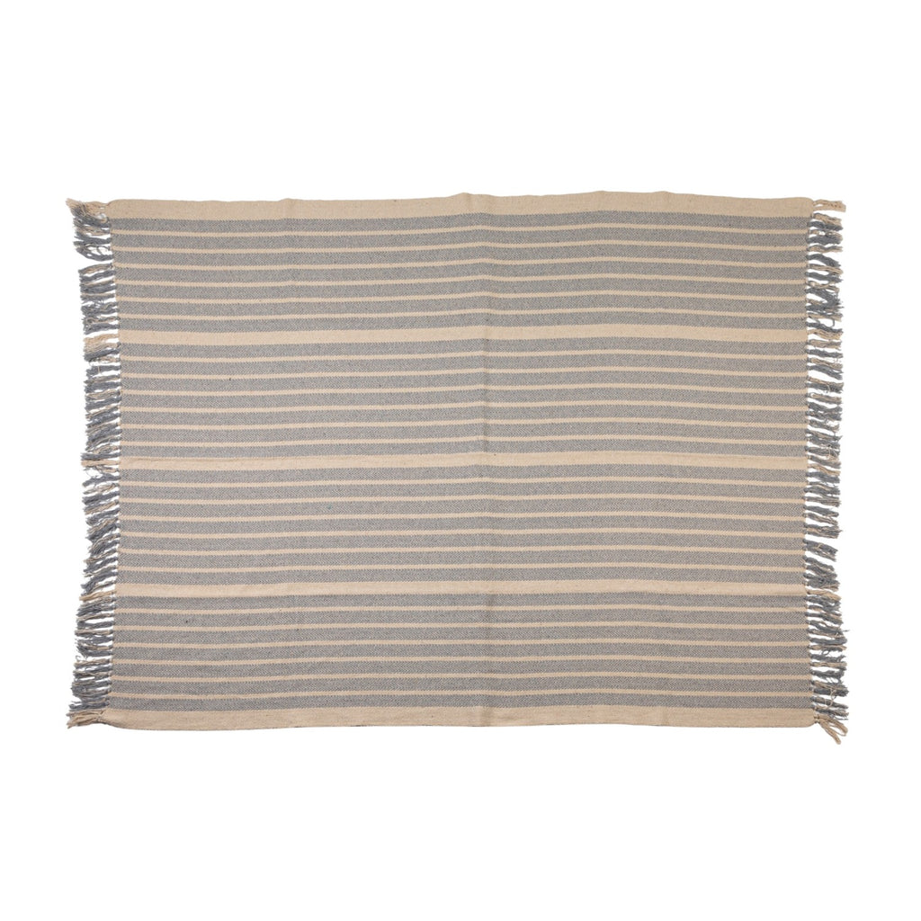 Woven Recycled Cotton Blend Throw with Stripes & Fringe