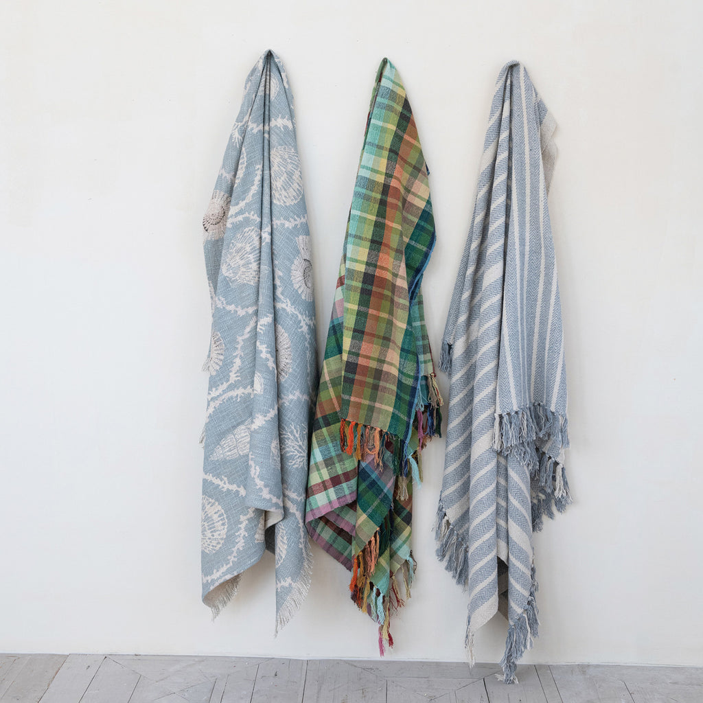 Woven Recycled Cotton Blend Throw with Stripes & Fringe