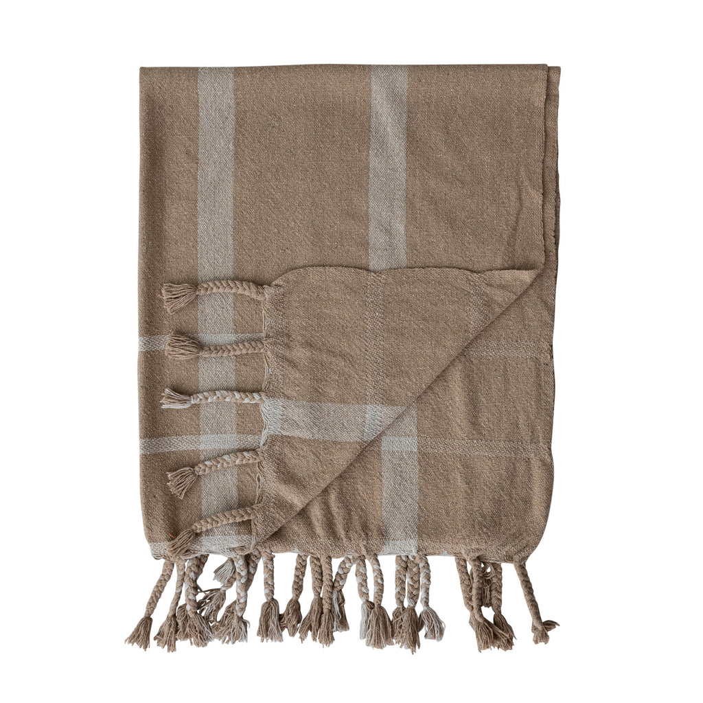 Cotton Blend Striped Throw with Braided Fringe