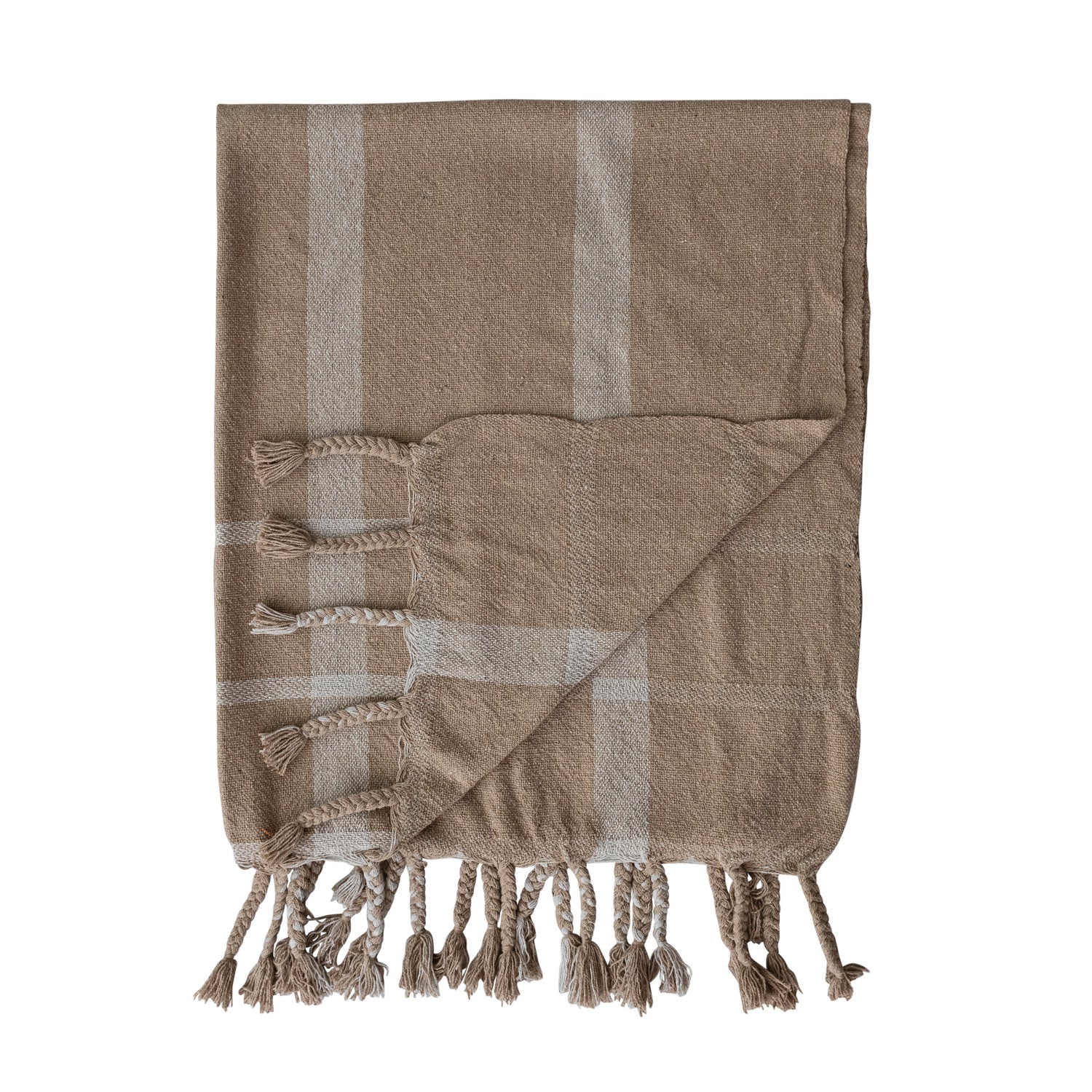 Cotton Blend Striped Throw with Braided Fringe