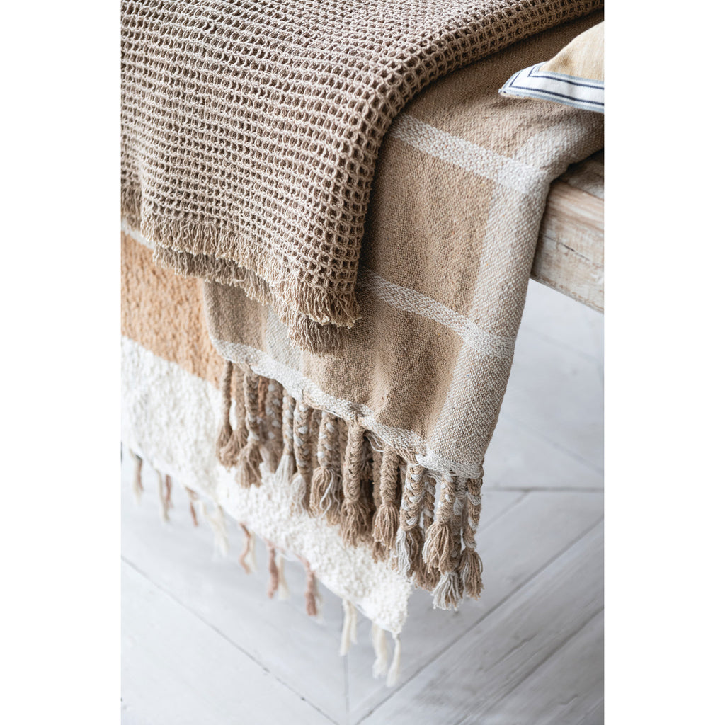 Cotton Blend Striped Throw with Braided Fringe