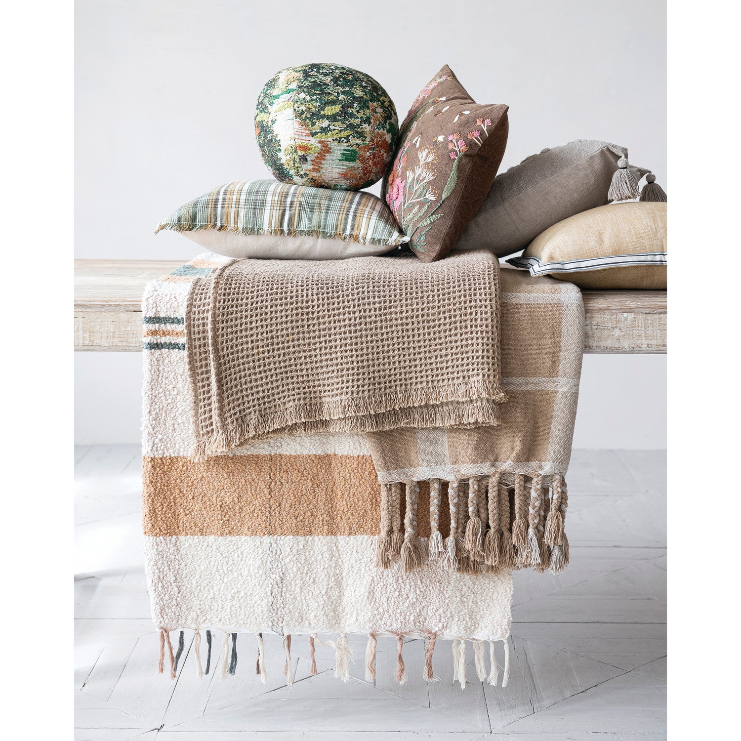 Cotton Blend Striped Throw with Braided Fringe