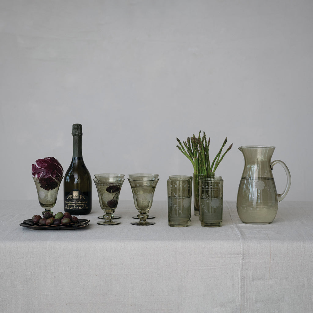 Green Glass Pitcher with Etched Botanicals