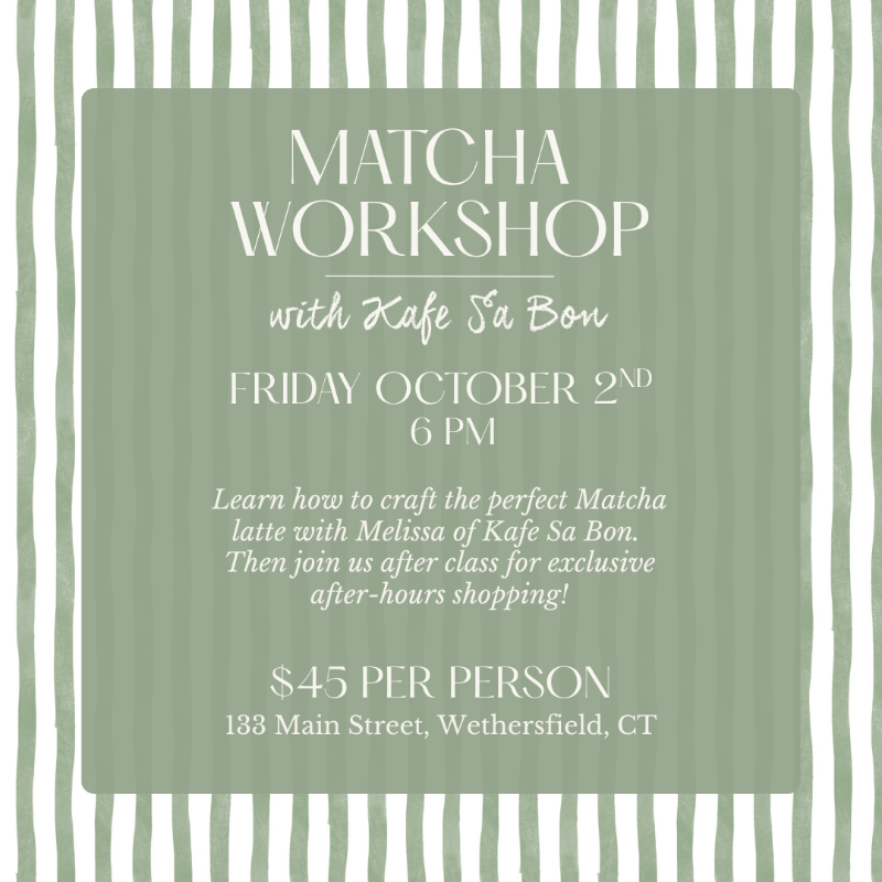 A promotional flyer for a 'Matcha Workshop' with Kafe Sa Bon, featuring white text on a muted sage green central panel, framed by white and sage green vertical stripes.
