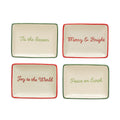 4"L x 3"W Stoneware Dish w/ Holiday Words & Red/Green Rim, Cream Color, 4 Styles
