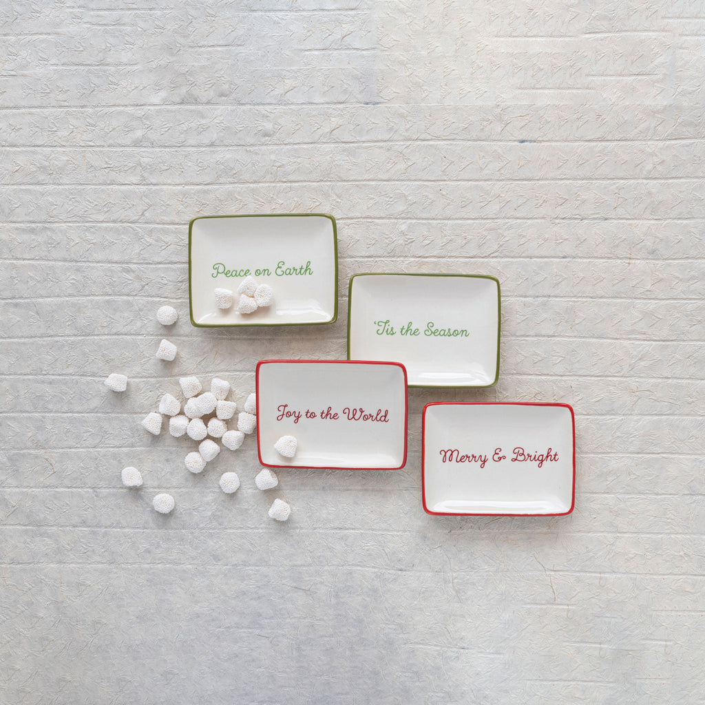 4"L x 3"W Stoneware Dish w/ Holiday Words & Red/Green Rim, Cream Color, 4 Styles
