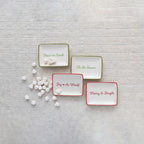 4"L x 3"W Stoneware Dish w/ Holiday Words & Red/Green Rim, Cream Color, 4 Styles