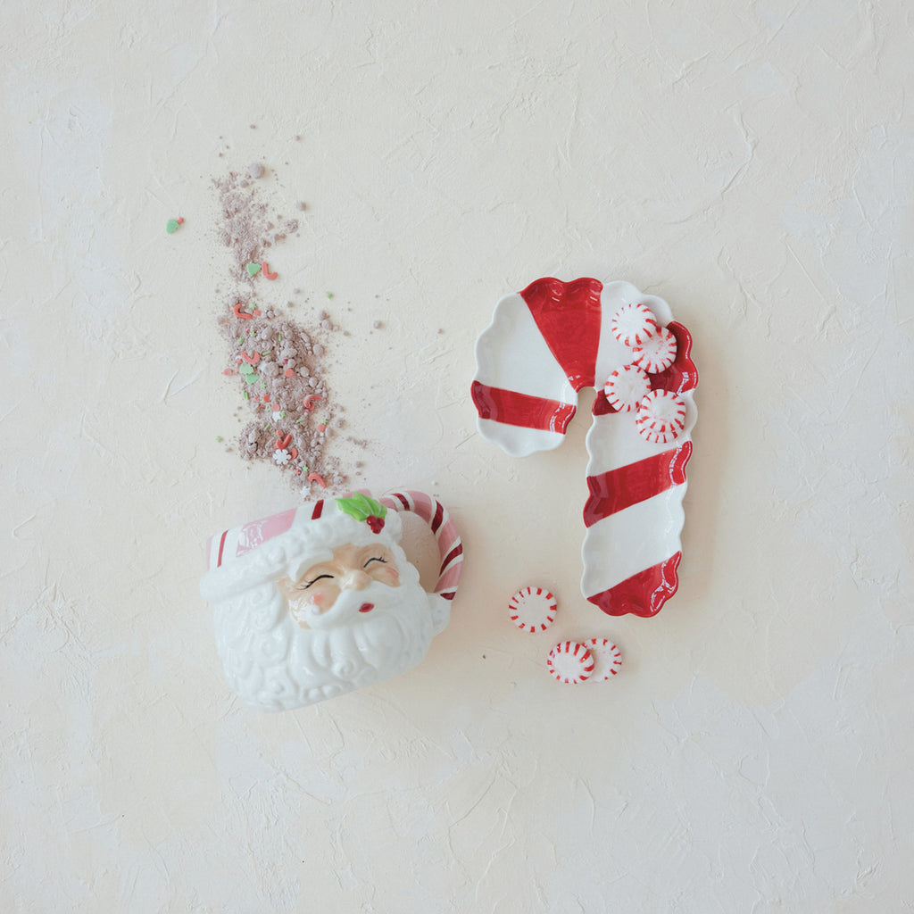 Stoneware Scalloped Striped Candy Cane Shaped Dish, Red & White