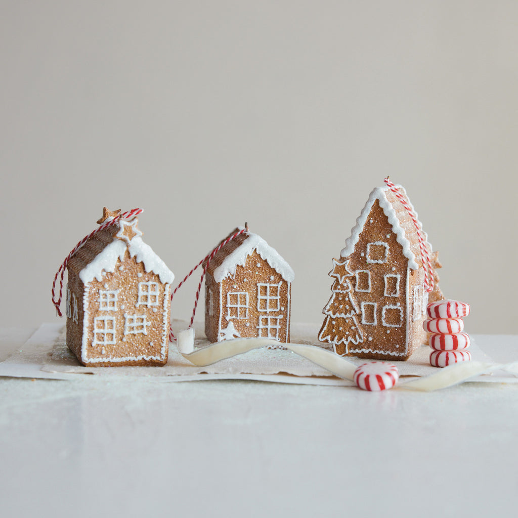 Resin Gingerbread House Ornament with Glitter, Brown & White, 3 Styles