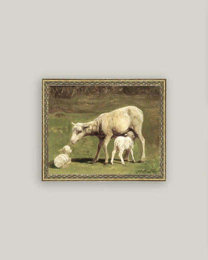 Ewe and Two Lambs Framed Antique Art