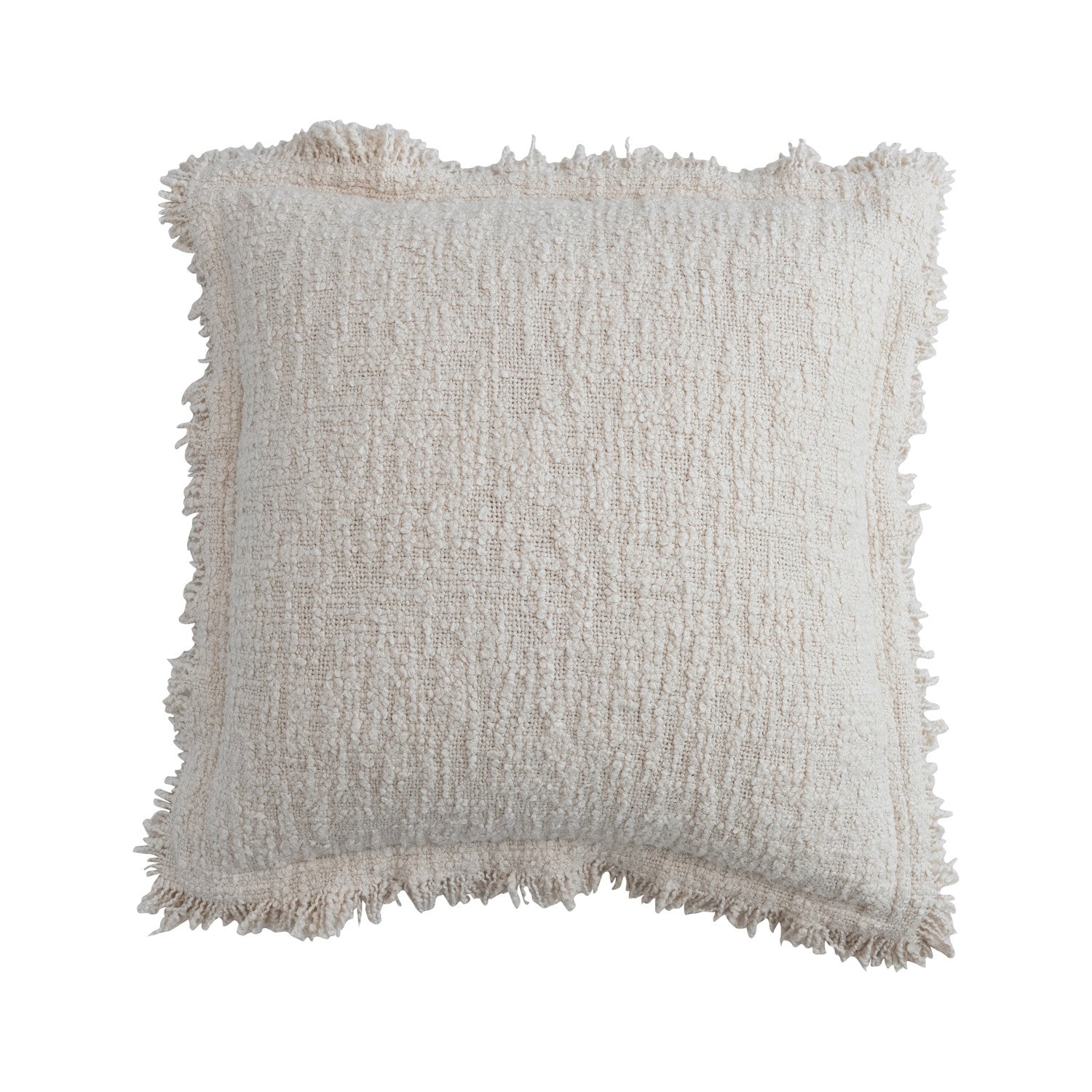 20" Square Woven Cotton Bouclé Pillow with Fringe & Flanged Edge