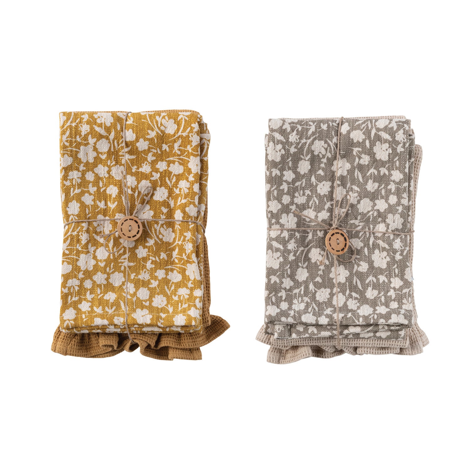 28"L x 18"W Cotton Slub Printed & Cotton Waffle Tea Towels, Set of 2, 2 Styles