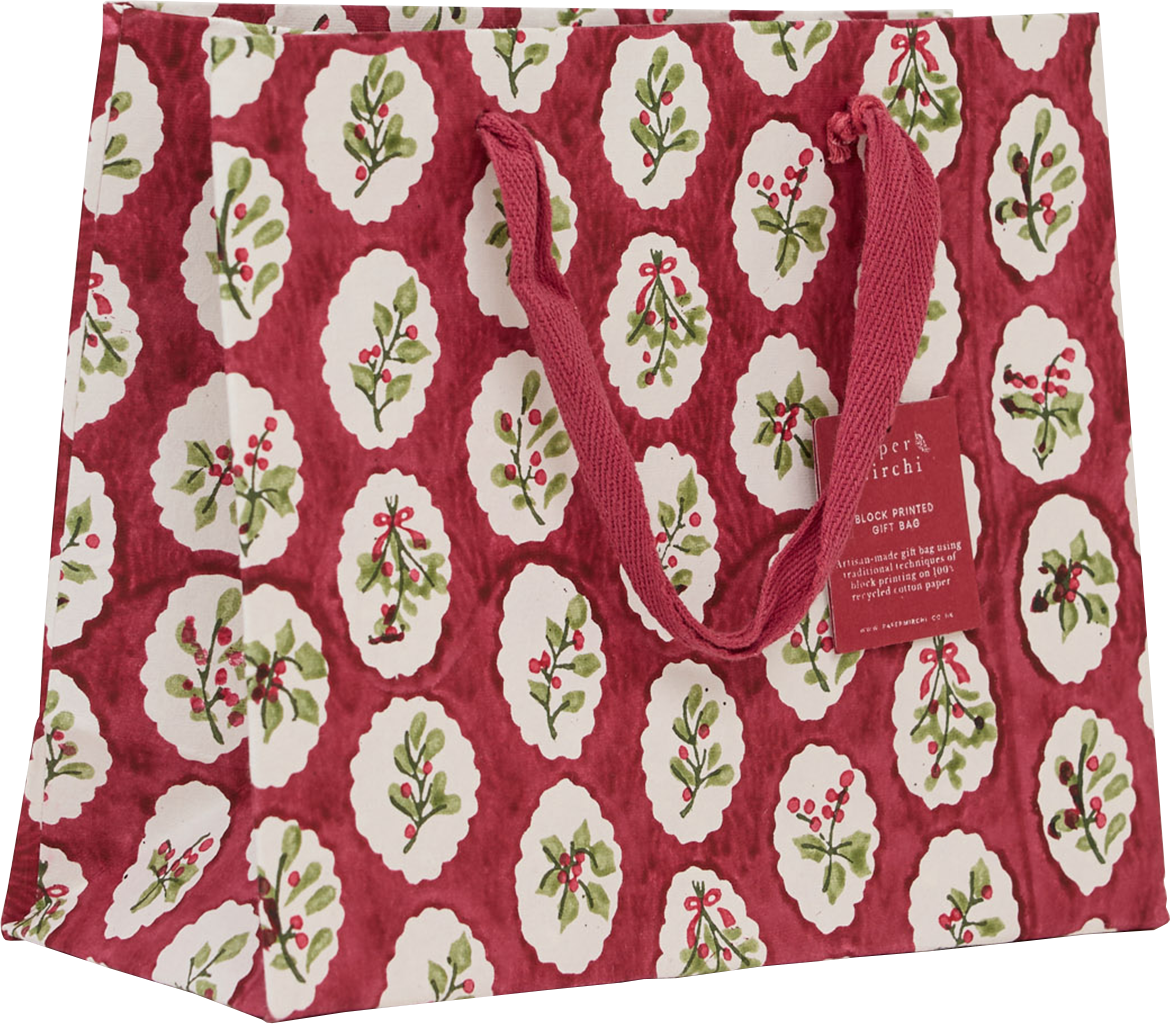 HANDMADE MEDIUM GIFT BAG  RED XMAS SCALLOP PAPER MIRCHI