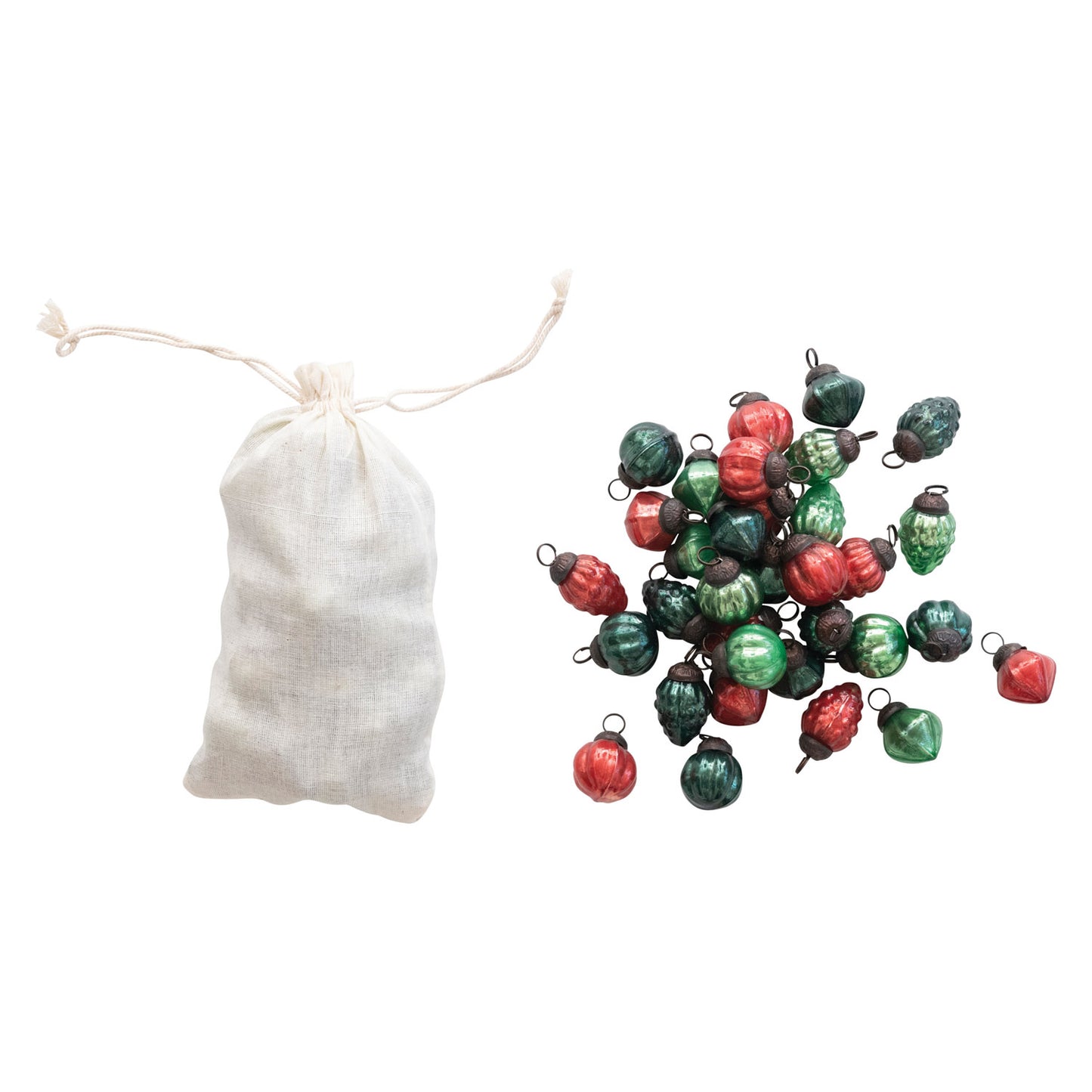 1"H Embossed Mercury Glass Ornaments in Muslin Bag, Red and Green Colors, Set of 36