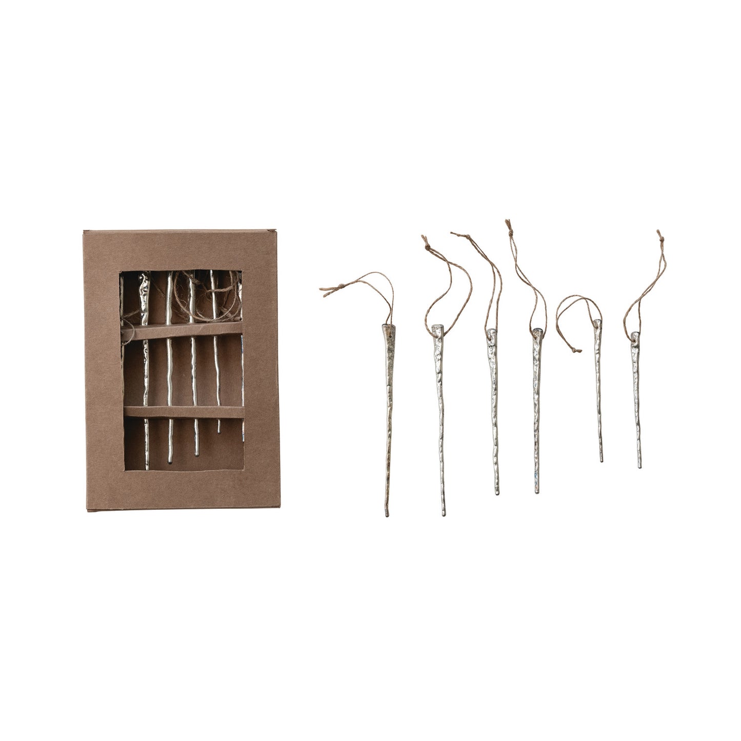 Mercury Glass Icicle Ornaments, Silver Finish, Boxed Set of 6