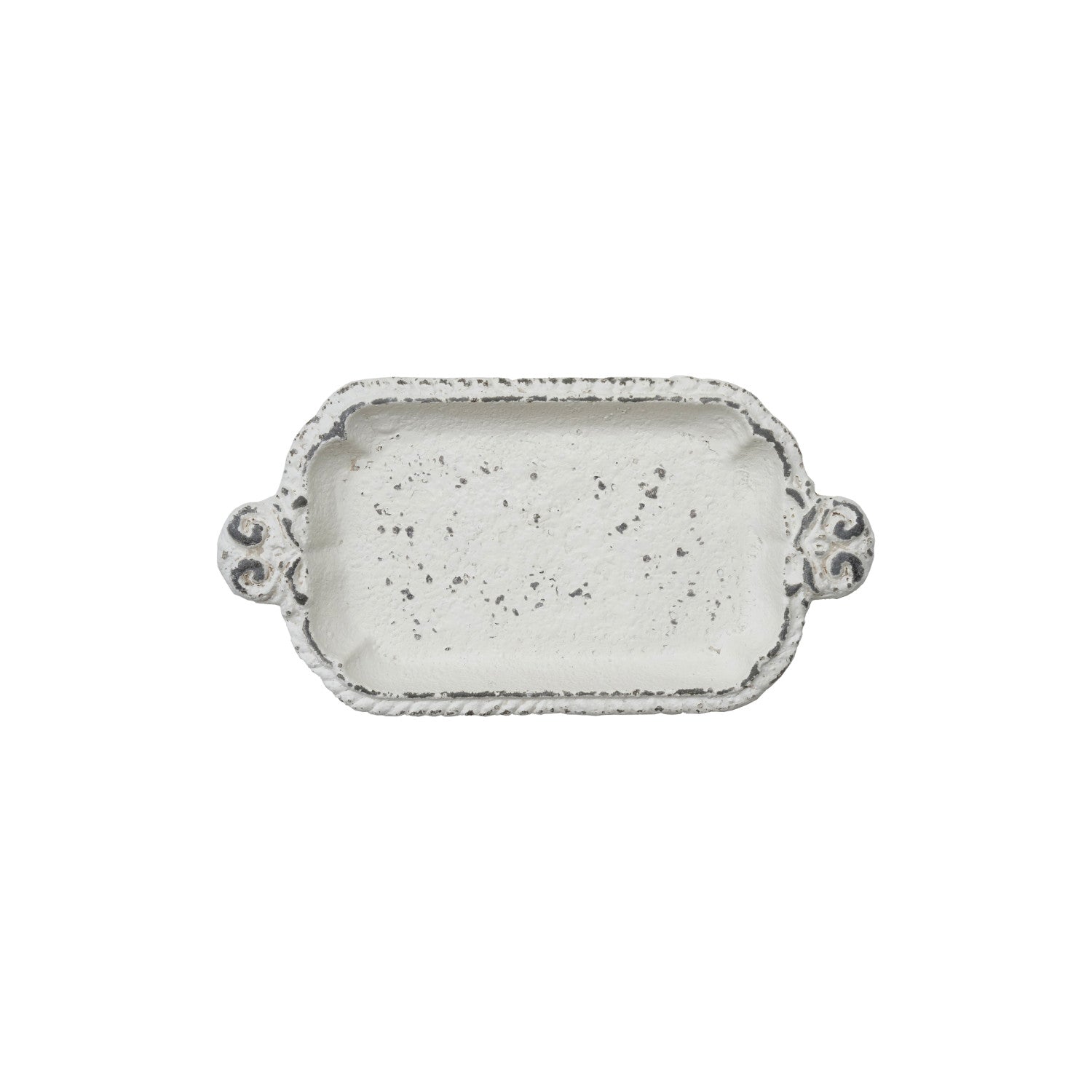 Decorative Painted Cast Iron Tray with Embossed Edge & Handles White